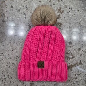 CC Beanie Hot Pink Acrylic Pom Pom Faux‎ Fur Winter Hat Women